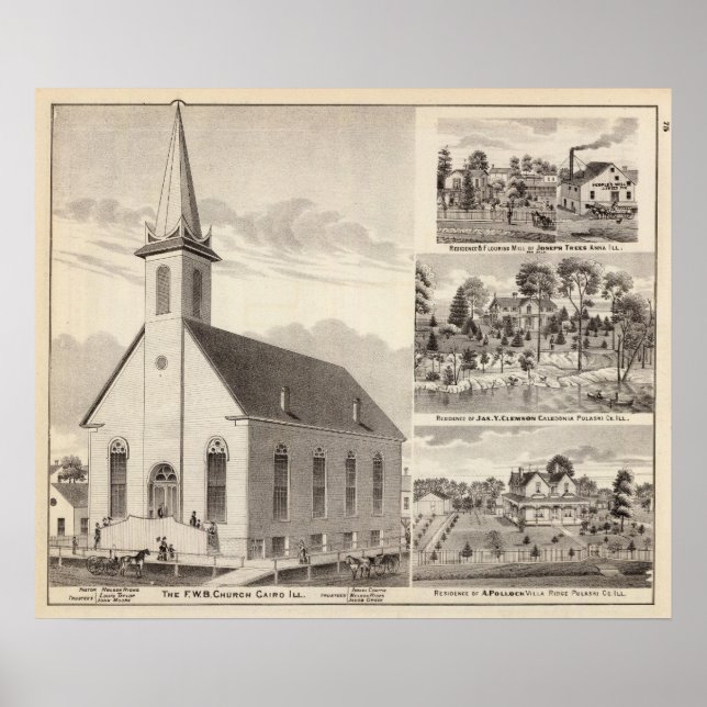 Póster Iglesia, residencias y molino florido (Frente)