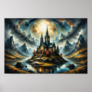 Póster Iglesia soñadora en una montaña junto a un lago al