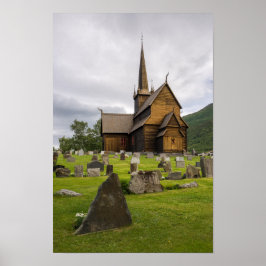Póster Iglesia Stave con cementerio en Noruega