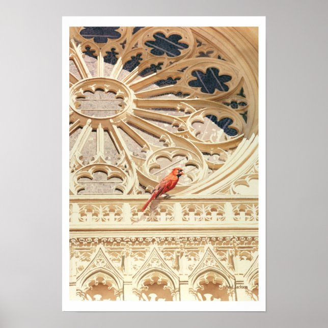 Póster Iglesia y acuarela de pájaro "Cardinal" (Frente)