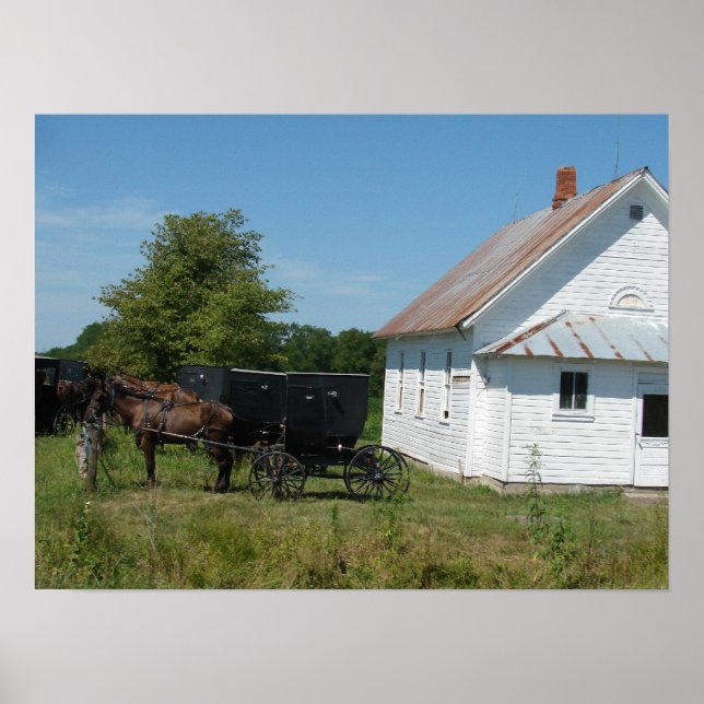 Póster Iglesia y Caballos Amish, Iowa rural (Frente)
