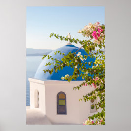 Póster Iglesia y flores de Santorini