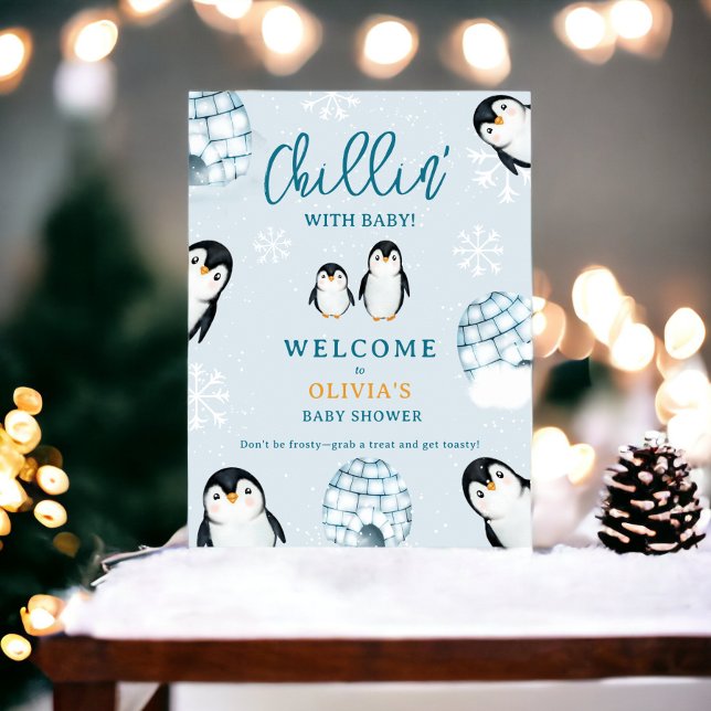 Póster Iglús de pingüino de invierno lindo bienvenida con (Cute winter penguin igloos welcome baby shower poster)