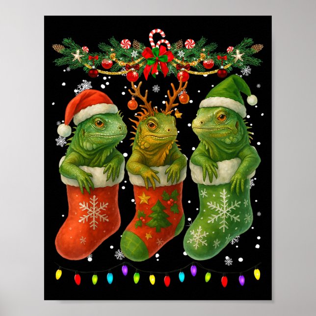 Póster Iguanas In Christmas Socks Lights Iguanas Xmas  (Frente)