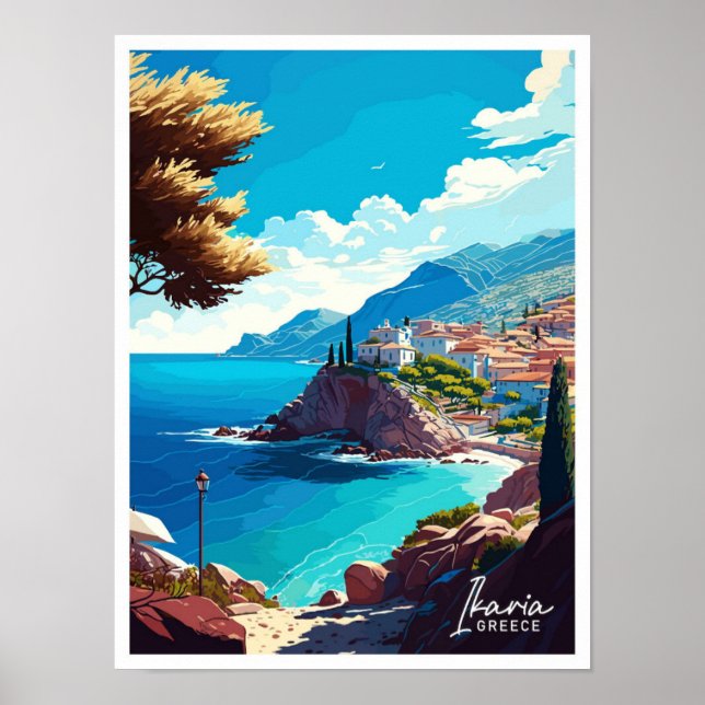 Póster Ikaria Grecia Ilustracion de Viaje Vintage (Frente)
