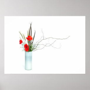 Póster ikebana rojo del centro de flores de la amapola