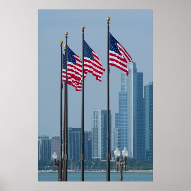 Póster Illinois, Chicago. Pier de marina, banderas de Est (Frente)