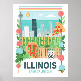 Póster Illinois Land of Lincoln USA Summer Travel