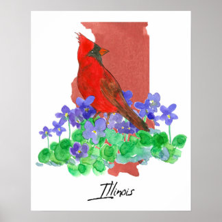 Póster Illinois State Shape Cardinal Purple Wood Violets