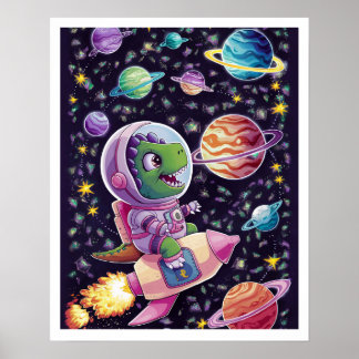 Póster Illustration Dinosaure naviguant dans l'Espace