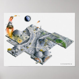 Póster Illustration of a futuristic base on the Moon