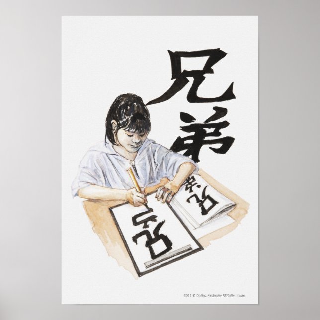 Póster Illustration of girl writing large Chinese script (Frente)