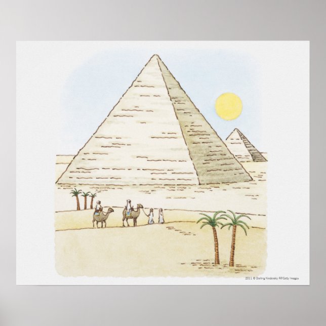 Póster Illustration of pyramids and men with camels (Frente)