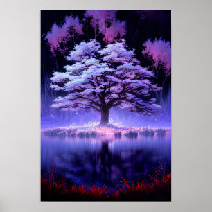 Póster Iluminación misteriosa del árbol del lago