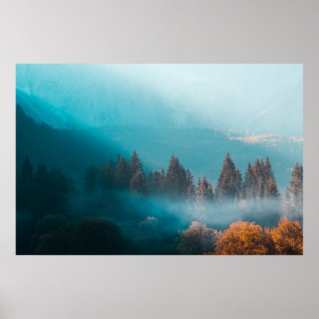 Póster Iluminando un bosque de otoño brumoso (Frente)