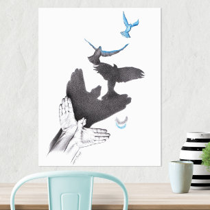 Póster Ilusión de pájaros voladores con sombra de mano Ar