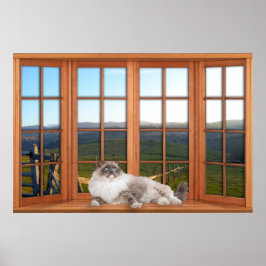 Póster Ilusión de ventana de 4 paneles de madera con gato