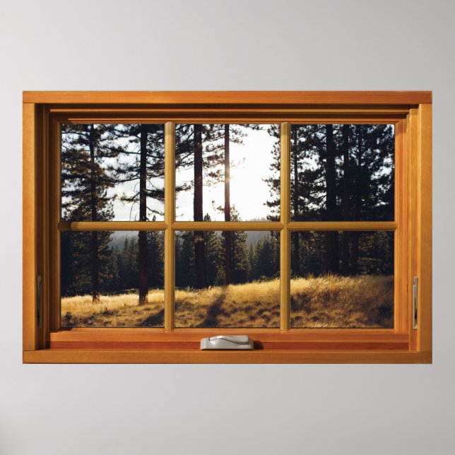 Póster Ilusión de ventana de madera falsa - Árboles de pi (Frente)