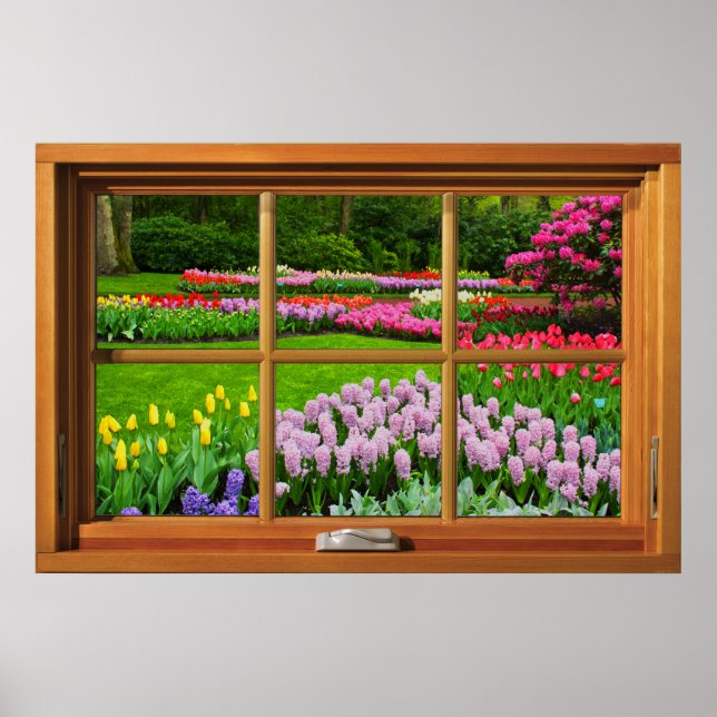 Póster Ilusión de ventana de madera falsa - Jardín de pri (Frente)