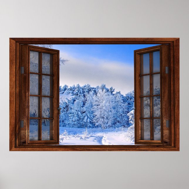 Póster Ilusión de ventana falsa de caída de nieve fresca (Frente)