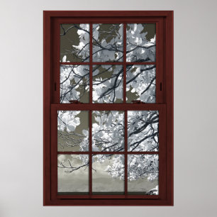 Póster Ilusión de ventana falsa Flor blanca omnipresente