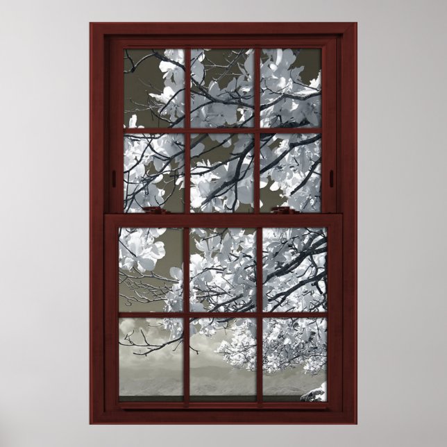 Póster Ilusión de ventana falsa Flor blanca omnipresente (Frente)