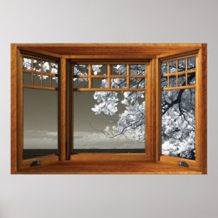Póster Ilusión de ventana falsa - Flores blancas omnipres