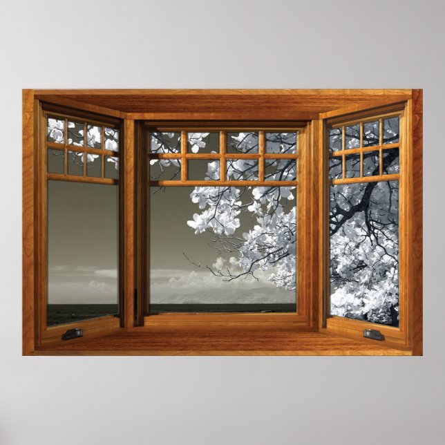 Póster Ilusión de ventana falsa - Flores blancas omnipres (Frente)