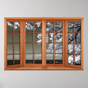 Póster Ilusión de ventana falsa - Flores blancas omnipres