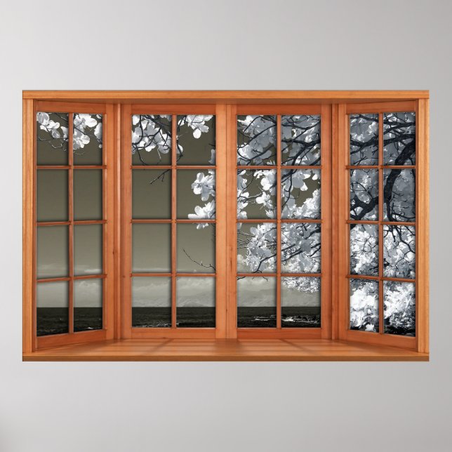 Póster Ilusión de ventana falsa - Flores blancas omnipres (Frente)