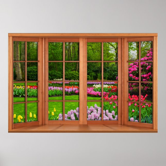Póster Ilusión de ventana falsa - Jardín de primavera (Frente)