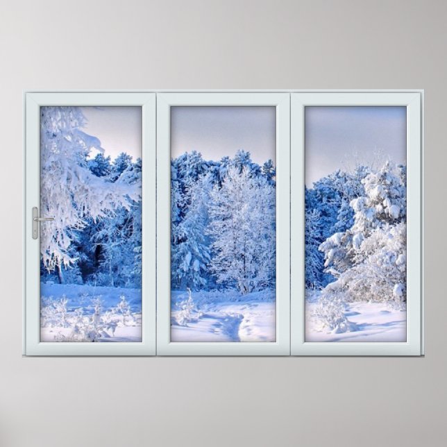 Póster Ilusión de ventana falsa - Paisaje de nieve fresca (Frente)