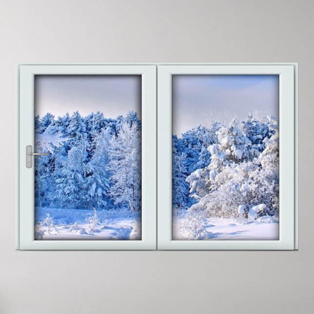 Póster Ilusión de ventana falsa - Paisaje de nieve fresca (Frente)