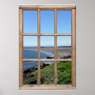 Póster Ilusión de vista a la playa desde una ventana de m