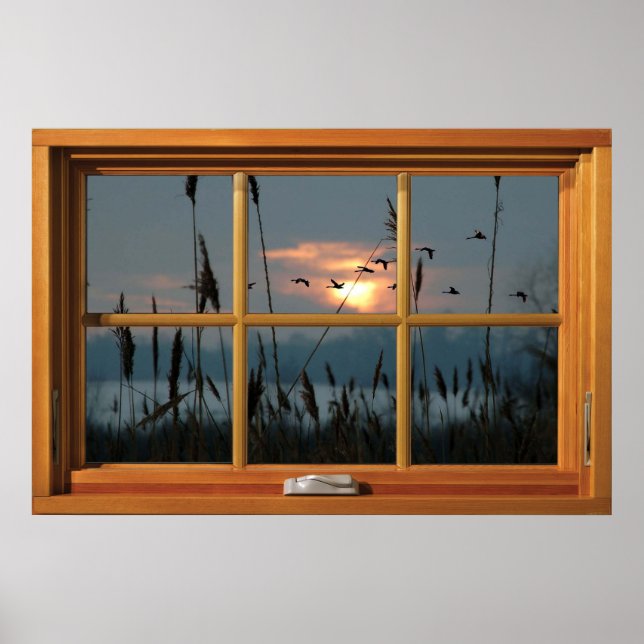 Póster Ilusión en la ventana de madera falsa - bandada de (Frente)