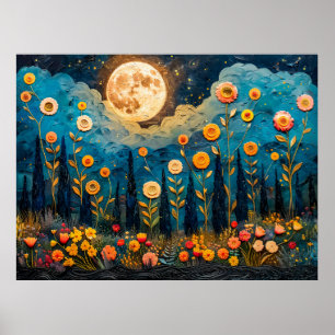 Póster Ilustración abstracta en acuarela de luna llena