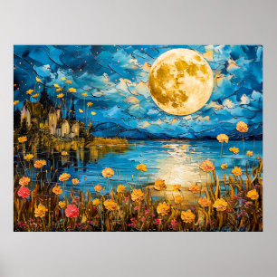 Póster Ilustración abstracta en acuarela de luna llena re