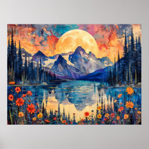 Póster Ilustración abstracta en acuarela de luna llena so