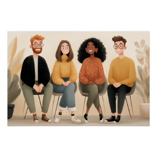 Póster Ilustración acogedora de amigos diversos sentados