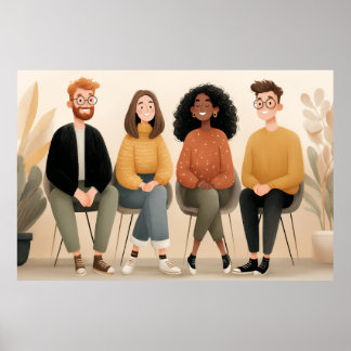Póster Ilustración acogedora de amigos diversos sentados
