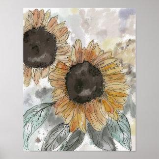 Póster Ilustracion acuarela de girasoles