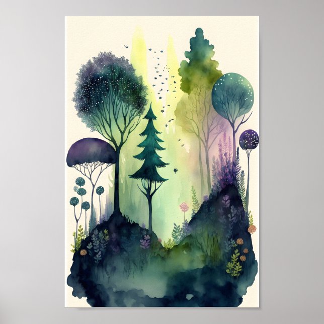 Póster Ilustracion acuarela de un bosque de cuento de had (Frente)