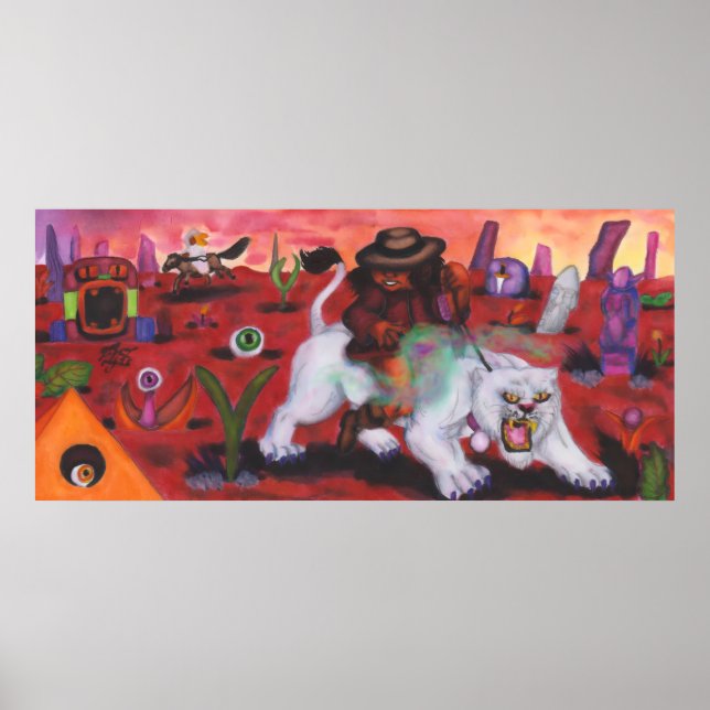 Póster Ilustracion acuarela Niño monta leona blanca (Frente)