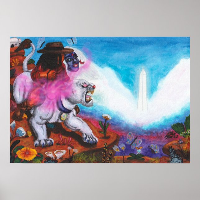 Póster Ilustracion acuarela Niño monta leona blanca (Frente)