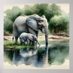 Póster Ilustracion acuático de mamá y bebé elefante