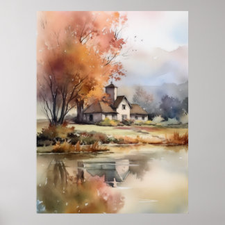 Póster Ilustracion acuático del paisaje otoñal