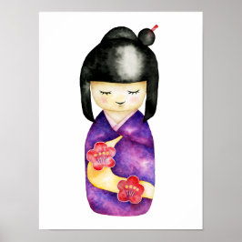 Póster Ilustracion acuático japonés kokeshi