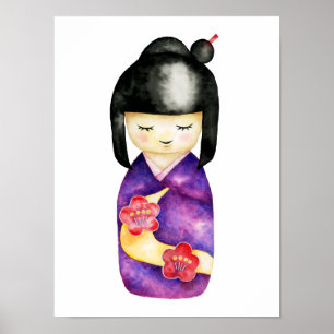 Póster Ilustracion acuático japonés kokeshi