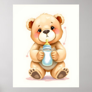 Póster Ilustración Adorable de Osito de Peluche en Acuare