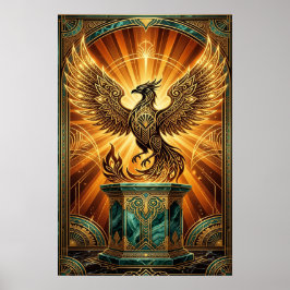 Póster Ilustración Art Déco del Fénix Dorado Ascendente